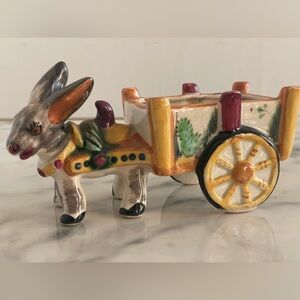 Vintage MCM Ceramic Burro Donkey Pulling Cart Planter Japan 7”x3.5”